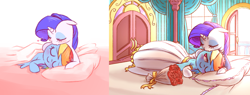 Size: 2078x790 | Tagged: safe, artist:raridashdoodles, rainbow dash, rarity, pegasus, pony, unicorn, blushing, clothes, comparison, dress, female, flower, lesbian, pillow, princess, raridash, rose, shipping, sleeping, smiling, suit, wedding dress, wedding veil