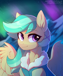 Size: 4120x5000 | Tagged: safe, artist:fensu-san, oc, oc only, oc:summer ray, pegasus, pony, absurd resolution, aurora borealis, bust, clothes, female, hairpin, mare, mountain, night, night sky, portrait, sky, snow, solo, spread wings, starry night, wing fluff, wings, winter