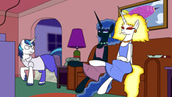 Size: 1920x1080 | Tagged: safe, artist:banebuster, daybreaker, nightmare moon, shining armor, alicorn, pony, unicorn, cigarette, clothes, eyes closed, homer simpson, sitting, the simpsons