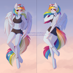 Size: 3000x3000 | Tagged: safe, artist:fensu-san, rainbow dash, anthro, unguligrade anthro, abs, anklet, bedroom eyes, belly button, blushing, body pillow, body pillow design, breasts, clothes, cute, dashabetes, female, glasses, goggles, looking at you, midriff, solo, sports bra, sports shorts