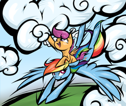 Size: 960x810 | Tagged: safe, artist:rawrcharlierawr, rainbow dash, scootaloo, pegasus, pony, cloud, cloudy, flying, riding