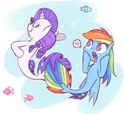 Size: 963x885 | Tagged: safe, alternate version, artist:raridashdoodles, rainbow dash, rarity, fish, pony, seapony (g4), my little pony: the movie, female, heart, lesbian, mare, ocean, pose, raridash, seaponified, seapony rainbow dash, seapony rarity, shipping, species swap, underwater