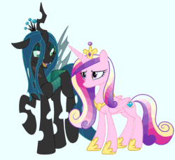 Size: 1699x1552 | Tagged: safe, artist:n238900, princess cadance, queen chrysalis, alicorn, changeling, changeling queen, pony, accessory swap, animated, blue background, body swap, changeling magic, changelingified, character to character, crown, disguise, disguised changeling, duo, eye color change, fake cadance, female, gif, glowing horn, growth, hoof shoes, jewelry, levitation, magic, mare, peytral, ponified, regalia, role reversal, shrinking, simple background, species swap, story in the comments, telekinesis, this explains everything, transformation