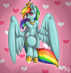 Size: 1000x1024 | Tagged: safe, artist:poisindoodles, derpibooru import, rainbow dash, pegasus, pony, semi-anthro, belly button, blushing, crown, implied princess cadance, solo