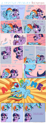 Size: 2533x6768 | Tagged: safe, artist:redapropos, rainbow dash, twilight sparkle, twilight sparkle (alicorn), alicorn, pegasus, pony, bait and switch, blushing, comic, dialogue, female, mare, playing dead, prank, text