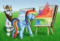 Size: 1200x812 | Tagged: safe, artist:sa1ntmax, derpibooru import, rainbow dash, oc, pegasus, pony, canvas, easel, paint, painting, plein air, puking rainbows