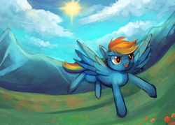 Size: 1280x914 | Tagged: safe, artist:cherivinca, derpibooru import, rainbow dash, pegasus, pony, female, flying, mare, scenery, solo