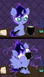 Size: 2756x4823 | Tagged: safe, artist:darkest-lunar-flower, princess luna, tantabus, oc, oc:somnium dulcis, alicorn, pony, baby, baby pony, coffee, exclamation point, heart, ink, interrobang, magical parthenogenic spawn, offspring, parent:princess luna, question mark, sparkly, tumblr, tumblr:somnium dulcis