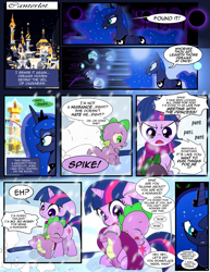 Size: 1275x1650 | Tagged: safe, artist:dsana, king sombra, princess luna, spike, starlight glimmer, sunburst, twilight sparkle, alicorn, dragon, pony, unicorn, comic:the shadow shard, angry, canterlot, clothes, comic, crying, dream, dream walker luna, female, filly, filly twilight sparkle, glowing horn, scarf, snow, sombra eyes, speech bubble, younger