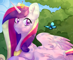 Size: 3000x2500 | Tagged: safe, artist:renka2802, artist:tigra0118, princess cadance, alicorn, butterfly, pony, crown, cute, cutedance, dappled sunlight, dock, ear fluff, female, jewelry, looking back, mare, regalia, solo