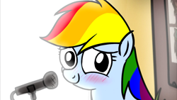 Size: 1280x720 | Tagged: safe, artist:petirep, rainbow dash, pegasus, pony, fanfic:my little dashie, blushing, cute, microphone, petirep's my little dashie, rainbow dash presents, tubby wubby pony waifu