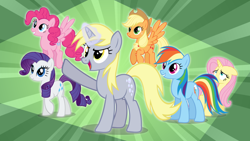 Size: 1280x720 | Tagged: safe, artist:jan, derpibooru import, applejack, derpy hooves, fluttershy, pinkie pie, rainbow dash, rarity, earth pony, pegasus, pony, unicorn, alternate mane six, earth pony rainbow dash, earth pony rarity, flapplejack, pegasus pinkie pie, race swap, unicorn fluttershy