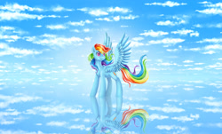 Size: 1400x843 | Tagged: safe, artist:munadrake, derpibooru import, rainbow dash, pegasus, pony, cloud, crying, horizon, pretty, reflection, scenery, scenery porn, solo, spread wings, tears of joy, windswept mane