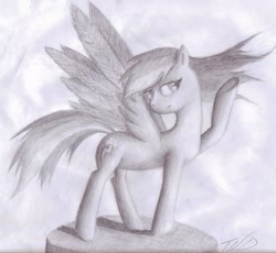 Size: 2632x2423 | Tagged: safe, artist:tunderi, rainbow dash, pegasus, pony, female, grayscale, mare, monochrome, signature, solo, traditional art