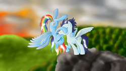 Size: 1600x900 | Tagged: safe, artist:thunderelemental, rainbow dash, soarin', pegasus, pony, female, kissing, male, shipping, soarindash, straight