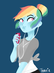 Size: 690x936 | Tagged: safe, artist:endarie, derpibooru import, rainbow dash, human, alternate hairstyle, humanized, lineless, mp3 player, simple background, solo