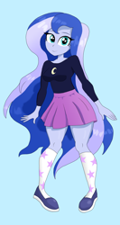 Size: 1740x3264 | Tagged: safe, artist:iyoungsavage, princess luna, vice principal luna, equestria girls, blue background, clothes, cute, female, long hair, looking at you, lunabetes, moe, shoes, simple background, skirt, socks, solo, younger