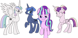 Size: 1024x505 | Tagged: safe, artist:didgereethebrony, princess cadance, princess celestia, princess luna, starlight glimmer, alicorn, pony, alternate hairstyle, alternate timeline, alternate universe, equal cutie mark, equality, equalized, evil starlight, looking at you, s5 starlight, simple background, stalin glimmer, this will end in communism, transparent background