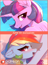 Size: 2082x2809 | Tagged: safe, artist:fensu-san, rainbow dash, twilight sparkle, twilight sparkle (alicorn), alicorn, anthro, pony, advertisement, anthro with ponies, blushing, cute, heart eyes, looking at you, patreon, patreon logo, patreon preview, paywall content, tan, tongue out, water, wingding eyes