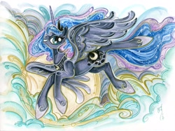 Size: 3568x2668 | Tagged: safe, artist:sararichard, princess luna, alicorn, pony, crown, female, flying, jewelry, looking at you, mare, regalia, traditional art, watercolor painting