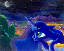 Size: 1024x818 | Tagged: source needed, useless source url, safe, artist:colorsceempainting, princess luna, alicorn, pony, balcony, canvas, cloud, female, mare, moon, night, paint, painting, scenery, solo, stars, traditional art, watermark