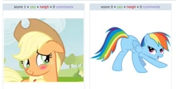 Size: 960x487 | Tagged: safe, derpibooru import, edit, screencap, applejack, rainbow dash, earth pony, pegasus, pony, appledash, blushing, exploitable meme, female, juxtaposition, juxtaposition win, lesbian, plot, shipping