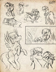 Size: 2000x2600 | Tagged: safe, artist:kikirdcz, derpibooru import, rainbow dash, soarin', pegasus, pony, boop, female, food, goggles, male, monochrome, pie, shipping, sketch, soarindash, straight, traditional art, waterfall