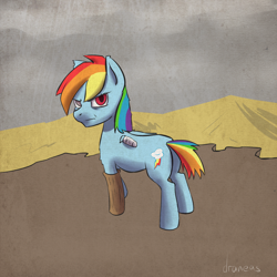 Size: 900x900 | Tagged: safe, artist:draneas, rainbow dash, pegasus, pony, 30 minute art challenge, amputee, bandage, butt, female, mare, plot, post-apocalyptic
