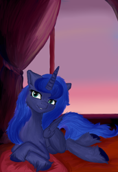 Size: 1100x1600 | Tagged: safe, artist:php97, princess luna, alicorn, pony, bed, looking at you, night, solo, unshorn fetlocks