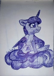 Size: 1706x2382 | Tagged: safe, artist:php97, princess luna, alicorn, pony, ballpoint pen, cloud, cute, drawing, female, ink drawing, mare, monochrome, moon, simple background, sitting, solo, traditional art, white background