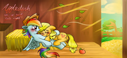 Size: 2835x1303 | Tagged: safe, artist:death-is-death, derpibooru import, applejack, rainbow dash, earth pony, pegasus, pony, appledash, female, lesbian, shipping, sleeping