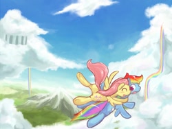 Size: 800x600 | Tagged: safe, artist:rigi, fluttershy, rainbow dash, pegasus, pony, cloud, cloudy, duo, duo female, female, flying, happy, hug, looking back, mare, mountain, open mouth, pixiv, rainbow, sky, underhoof, vertigo