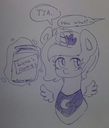 Size: 1836x2152 | Tagged: safe, artist:c0pter, princess luna, alicorn, pony, cookie, cookie jar, crying, female, filly, food, implied princess celestia, traditional art, woona, younger