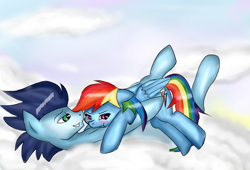 Size: 929x632 | Tagged: safe, artist:elision3, derpibooru import, rainbow dash, soarin', pegasus, pony, cloud, cuddling, female, male, shipping, snuggling, soarindash, straight