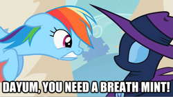 Size: 625x352 | Tagged: safe, edit, edited screencap, screencap, mare do well, rainbow dash, pegasus, pony, the mysterious mare do well, caption, duo, image macro