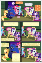 Size: 3254x4837 | Tagged: safe, artist:gutovi, applejack, fluttershy, pinkie pie, princess luna, rainbow dash, rarity, twilight sparkle, twilight sparkle (alicorn), alicorn, earth pony, pegasus, pony, unicorn, comic:why me!?, bed, broken window, comic, cushion, mane six, mare in the moon, moon, sofa