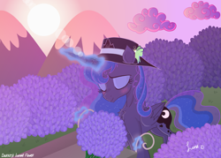 Size: 4823x3445 | Tagged: safe, artist:darkest-lunar-flower, princess luna, alicorn, moth, pony, blushing, eyes closed, hat, lavender, luna moth, sun hat, sunset, that pony sure does love lavender, wings