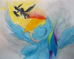 Size: 4027x3216 | Tagged: safe, artist:scribblepwn3, derpibooru import, rainbow dash, pegasus, pony, daydream, flying, pen drawing, silhouette, traditional art, watercolor painting, wonderbolts