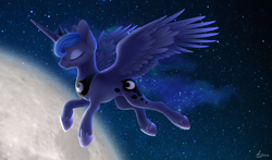 Size: 2048x1204 | Tagged: safe, artist:luminousdazzle, princess luna, alicorn, pony, eyes closed, female, flying, mare, moon, solo, space, stars