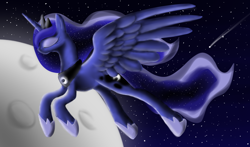 Size: 1360x800 | Tagged: safe, artist:luminousdazzle, princess luna, alicorn, pony, 2013, eyes closed, female, flying, mare, moon, shooting star, solo, space