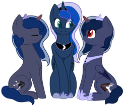 Size: 2272x1920 | Tagged: safe, artist:fawnroseyt, princess luna, oc, alicorn, pony, cute, female, lunabetes, mother and child, mother and daughter, offspring, parent and child, parent:king sombra, parent:princess luna, parents:lumbra, simple background, transparent background, trio