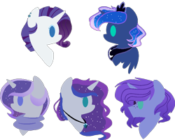 Size: 812x650 | Tagged: safe, artist:belladrawsstuff2004, princess luna, rarity, oc, oc:crystal moon, oc:galactic gem, oc:silent lullaby, alicorn, pony, unicorn, bust, ethereal mane, female, freckles, lesbian, magical lesbian spawn, male, mare, offspring, parent:princess luna, parent:rarity, parents:rariluna, rariluna, shipping, simple background, stallion, starry mane, transparent background