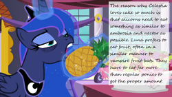 Size: 1280x720 | Tagged: safe, edit, edited screencap, screencap, princess luna, alicorn, pony, a royal problem, bags under eyes, crown, eating, exhausted, eyeshadow, food, fruit, headcanon, jewelry, magic, makeup, pineapple, regalia, solo