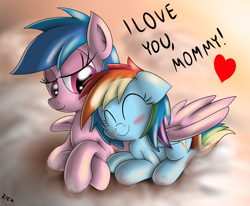Size: 1247x1027 | Tagged: safe, artist:ziemniax, firefly, rainbow dash, pegasus, pony, g1, g4, blushing, duo, female, filly, firefly as rainbow dash's mom, foal, g1 to g4, generation leap, heart, hug, mare, mother, mother and child, mother and daughter, parent and child, winghug