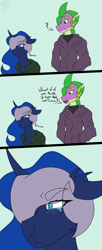 Size: 1000x2440 | Tagged: safe, artist:moonakart13, artist:moonaknight13, princess luna, spike, alicorn, dragon, pony, blushing, clothes, crying, disappointed, freckles, grumpy, smiling, tears of pain, text