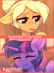 Size: 2082x2809 | Tagged: safe, artist:fensu-san, applejack, twilight sparkle, twilight sparkle (alicorn), alicorn, anthro, pony, advertisement, blushing, cute, female, hot springs, mare, patreon, patreon logo, patreon preview, paywall content, sauna, steam, wings