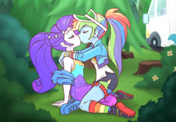 Size: 1037x720 | Tagged: safe, artist:raridashdoodles, rainbow dash, rarity, better together, equestria girls, sunset's backstage pass!, blushing, bush, eyes closed, female, flower, forest, kissing, lesbian, music festival outfit, raridash, shipping, tree stump