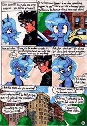 Size: 1384x2000 | Tagged: safe, artist:newyorkx3, princess luna, oc, oc:tommy, human, comic:young days, comic, dialogue, manehattan, s1 luna, traditional art