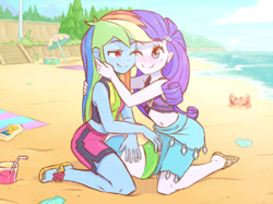 Size: 1016x760 | Tagged: safe, artist:raridashdoodles, rainbow dash, rarity, crab, better together, equestria girls, anime, beach, belly button, bikini, bikini top, blushing, clothes, cute, dashabetes, drink, feet, female, flip-flops, lesbian, one eye closed, raribetes, raridash, sandals, sarong, shipping, swimsuit, wink