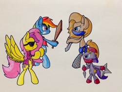 Size: 1280x960 | Tagged: safe, artist:adurot, fluttershy, rainbow dash, oc, pegasus, pony, ask-pony-kirby, eyepatch, ninja, pirate, sword, traditional art